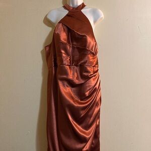 Azazie Copper One Halter Satin Dress
